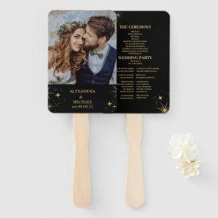 Mystical Black Gold Stars Wedding Details Hand Fan
