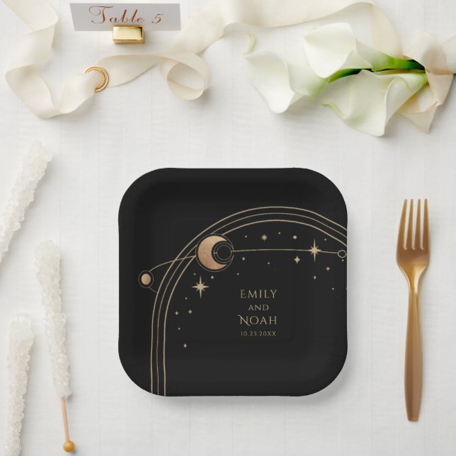 Mystical Black Gold Sun Moon Astronomy Space Paper Plate (Wedding)