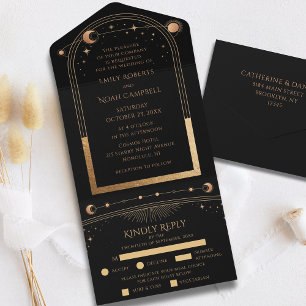Mystical Black Gold Sun Moon Astronomy Wedding All In One Invitation