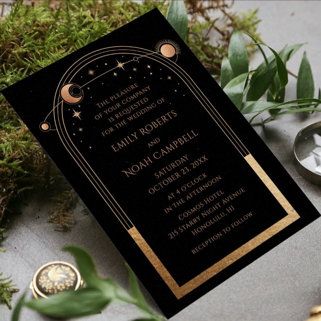 Mystical Black Gold Sun Moon Astronomy Wedding Invitation (Creator Uploaded)