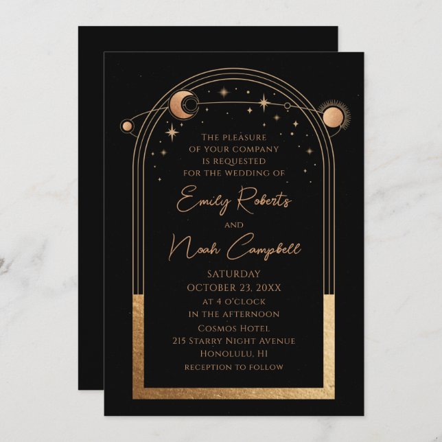 Mystical Black Gold Sun Moon Astronomy Wedding Invitation (Front/Back)