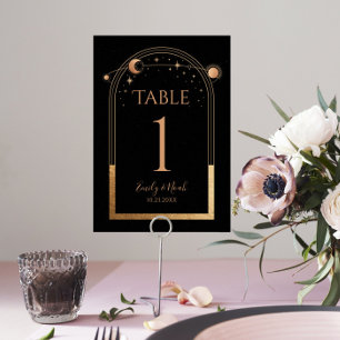 Mystical Black Gold Sun Moon Astronomy Wedding Table Number