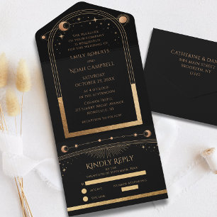 Mystical Black Gold Sun Moon Celestial Wedding All In One Invitation