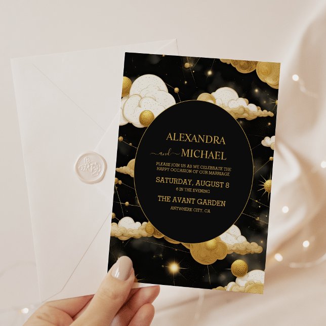 Mystical Black Gold Sun Moon Celestial Wedding Invitation (Creator Uploaded)