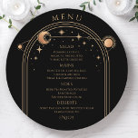 Mystical Black Gold Sun Moon Stars Space Wedding Menu<br><div class="desc">Mystical Black Gold Sun Moon Stars Space Wedding Menu Cards features a gold sun, moon and stars frame on a black background with your menu details in the centre in modern gold calligraphy script. Personalise by editing the text in the text boxes provided. Designed for you by Evco Studio ©...</div>