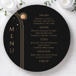 Mystical Black Gold Sun Moon Stars Space Wedding Menu<br><div class="desc">Mystical Black Gold Sun Moon Stars Space Wedding Menu Cards features simple gold stars on a black background with your menu details in the centre in modern gold calligraphy script. Personalise by editing the text in the text boxes provided. Designed for you by Evco Studio © at www.zazzle.com/store/evcostudio</div>