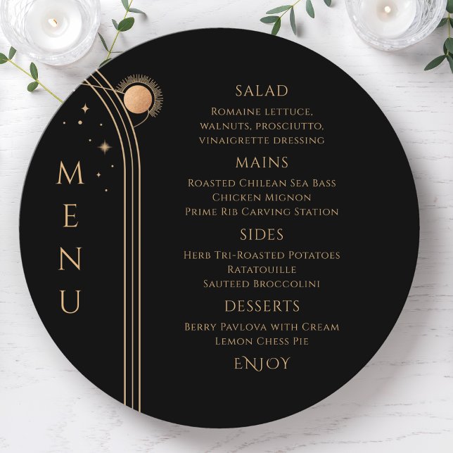 Mystical Black Gold Sun Moon Stars Space Wedding Menu (Creator Uploaded)