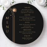 Mystical Black Gold Sun Moon Stars Space Wedding Menu<br><div class="desc">Mystical Black Gold Sun Moon Stars Space Wedding Menu Cards features simple gold stars on a black background with your menu details in the centre in modern gold calligraphy script. Personalise by editing the text in the text boxes provided. Designed for you by Evco Studio © at www.zazzle.com/store/evcostudio</div>