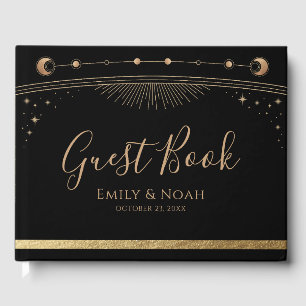 Mystical Black Gold Sun Moon Stars Wedding Guest Book