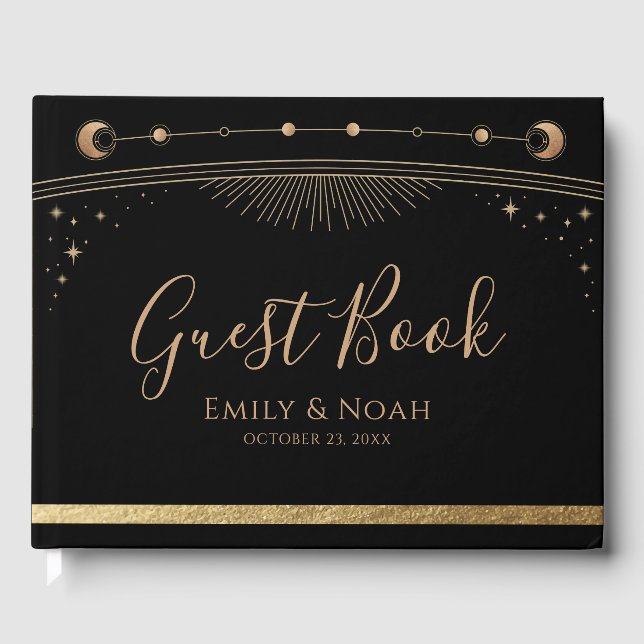Mystical Black Gold Sun Moon Stars Wedding  Guest Book (Front)
