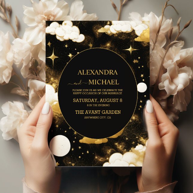 Mystical Black Gold Sun Moon Stars Wedding Invitation (Creator Uploaded)