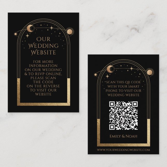 Mystical Black Gold Wedding Website RSVP QR Code Enclosure Card (Front/Back)