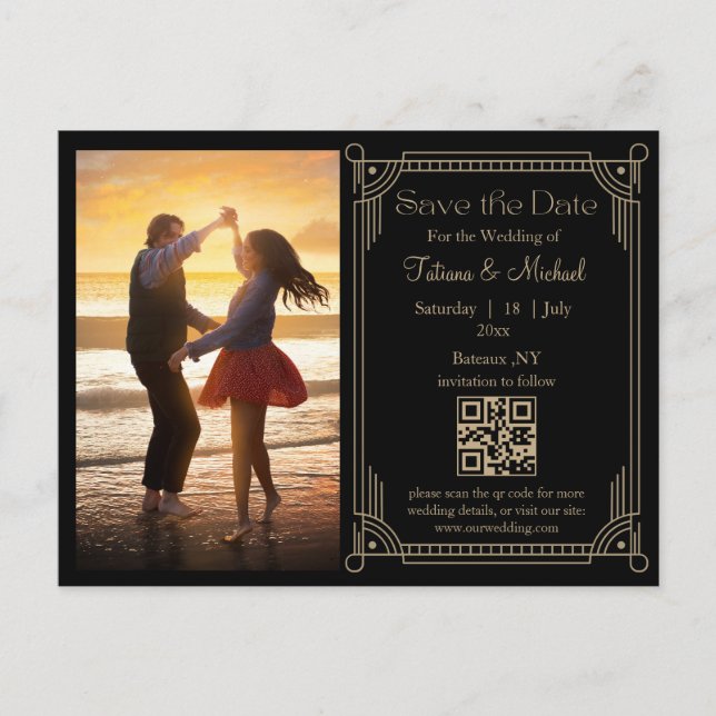 mystical black golden qr code photo save the date  announcement postcard (Front)