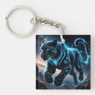Mystical Black Panther with Glowing Patterns Key Ring