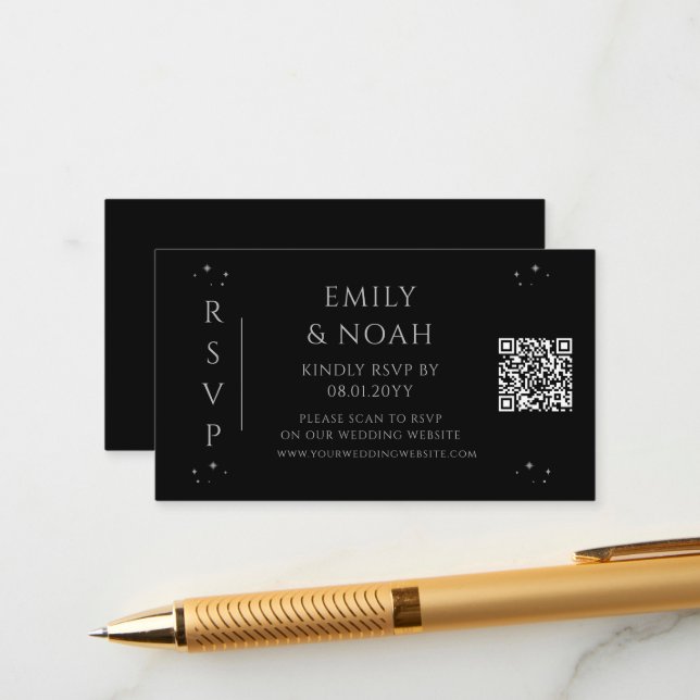 Mystical Black Silver Budget QR Code RSVP Enclosure Card (Front/Back In Situ)