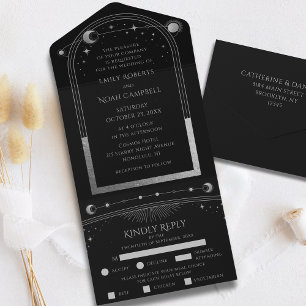 Mystical Black Silver Sun Moon Astronomy Wedding All In One Invitation