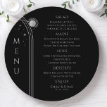 Mystical Black Silver Sun Moon Space Wedding Menu<br><div class="desc">Mystical Black Silver Sun Moon Stars Space Wedding Menu Cards features simple silver stars on a black background with your menu details in the centre in modern silver calligraphy script. Personalise by editing the text in the text boxes provided. Designed by ©2022 Evco Studio www.zazzle.com/store/evcostudio</div>