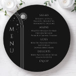 Mystical Black Silver Sun Moon Space Wedding Menu<br><div class="desc">Mystical Black Silver Sun Moon Stars Space Wedding Menu Cards features simple silver stars on a black background with your menu details in the centre in modern silver calligraphy script. Personalise by editing the text in the text boxes provided. Designed by ©2022 Evco Studio www.zazzle.com/store/evcostudio</div>