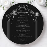 Mystical Black Silver Sun Moon Space Wedding Menu<br><div class="desc">Mystical Black Silver Sun Moon Stars Space Wedding Menu Cards features a silver sun, moon and stars frame on a black background with your menu details in the centre in modern silver calligraphy script. Personalise by editing the text in the text boxes provided. Designed for you by ©2022 Evco Studio...</div>
