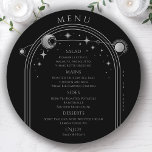Mystical Black Silver Sun Moon Space Wedding Menu<br><div class="desc">Mystical Black Silver Sun Moon Stars Space Wedding Menu Cards features a silver sun,  moon and stars frame on a black background with your menu details in the centre in modern silver calligraphy script. Personalise by editing the text in the text boxes provided. Designed by Evco Studio www.zazzle.com/store/evcostudio</div>
