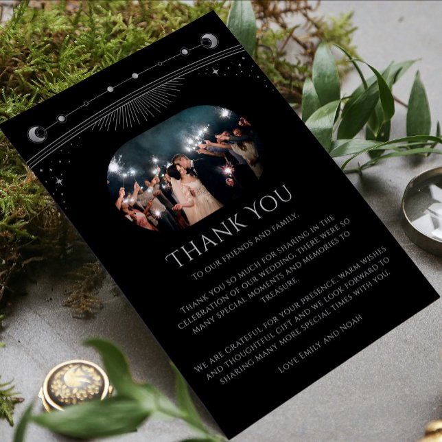 Mystical Black Silver Sun Moon Star Photo Wedding Thank You Card (Creator Uploaded)
