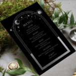 Mystical Black Silver Sun Moon Stars Wedding Menu<br><div class="desc">Mystical Black Silver Sun Moon Stars Astronomy Galaxy Celestial Cosmic Space Wedding Menu Cards features a silver sun, moon and stars frame on a black background with your menu details in the centre in modern silver calligraphy script. Personalise by editing the text in the text boxes provided. Designed for you...</div>