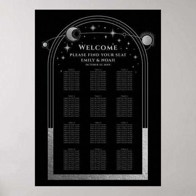 Mystical Black Silver Sun Moon Stars Wedding Poster (Front)