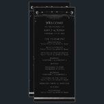 Mystical Black SIlver Sun Moon Stars Wedding Programme<br><div class="desc">Mystical Black Silver Sun Moon Stars Wedding Program features silver sun, moon and stars with a silver frame on a black background with your order of ceremony on the front and wedding party and thank you on the reverse in modern silver script. Personalise by editing the text in the text...</div>