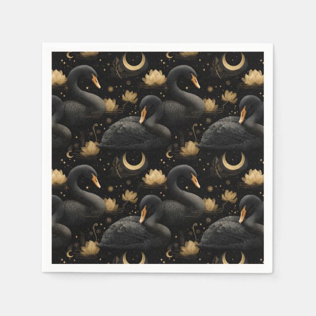 Mystical Black Swan and Golden Lotus Pattern Napkin (Front)