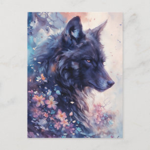 Mystical Black Wolf in Pink Floral Garden Postcard