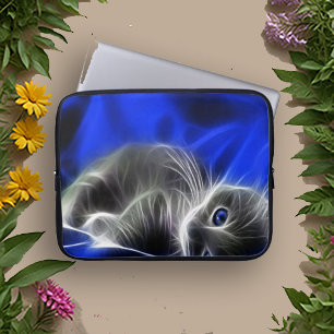Mystical Blue Abstract Glowing Cat Laptop Sleeve