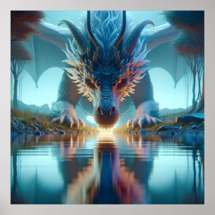 Mystical Blue Dragon Looking at Reflection in Wate Poster