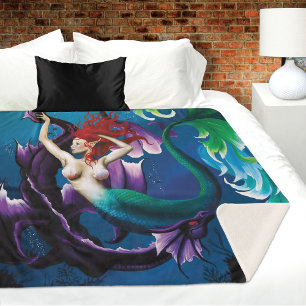 Mystical Blue Fantasy Mermaid Purple Water Dragon Sherpa Blanket