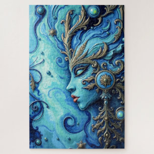 Mystical Blue Goddess Art - Ornate Gold Details Jigsaw Puzzle