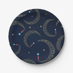 Mystical Blue & Gold Filigree Moon Celestial Party Paper Plate