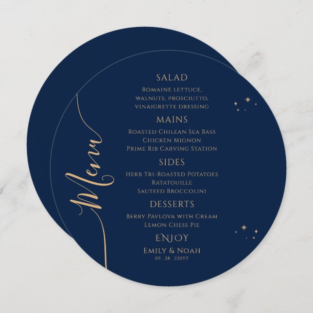 Mystical Blue Gold Sun Moon Stars Space Wedding Menu (Front/Back)