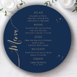 Mystical Blue Gold Sun Moon Stars Space Wedding Menu<br><div class="desc">Mystical Blue Gold Sun Moon Stars Space Wedding Menu Cards features simple gold stars on a blue background with your menu details in the centre in modern gold calligraphy script. Personalise by editing the text in the text boxes provided. Designed for you by Evco Studio © at www.zazzle.com/store/evcostudio</div>