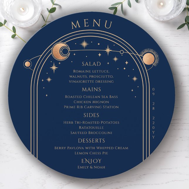 Mystical Blue Gold Sun Moon Stars Space Wedding Menu (Creator Uploaded)