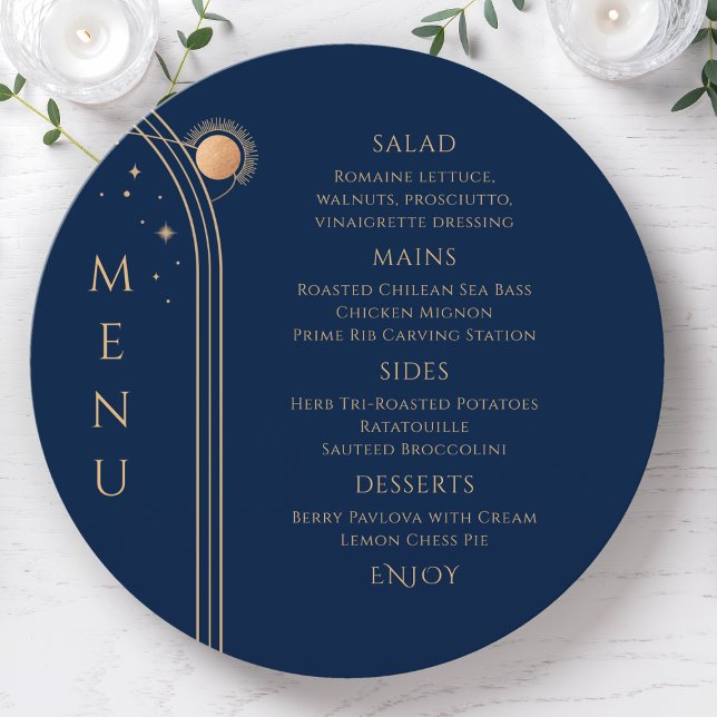 Mystical Blue Gold Sun Moon Stars Space Wedding Menu (Creator Uploaded)