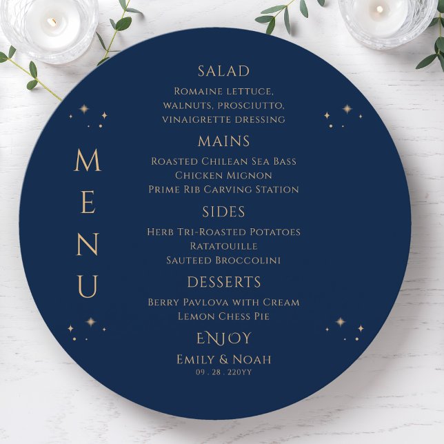 Mystical Blue Gold Sun Moon Stars Space Wedding Menu (Creator Uploaded)