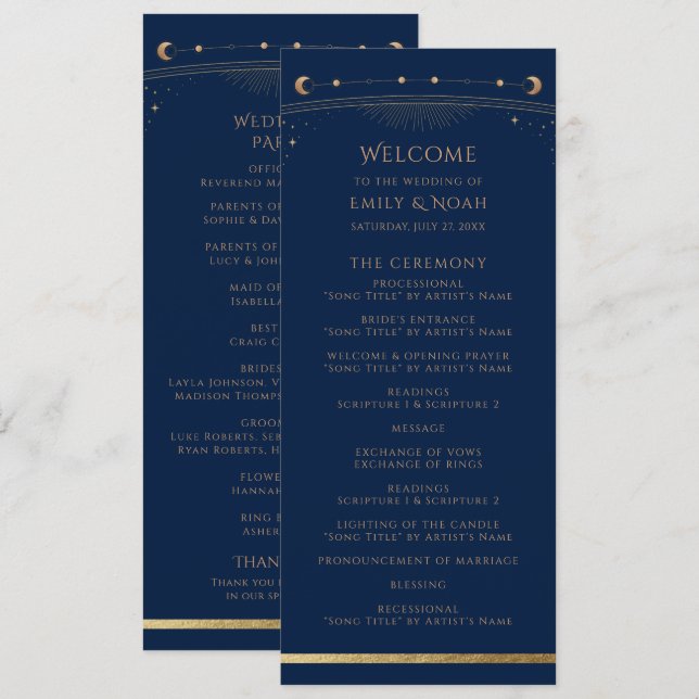 Mystical Blue Gold Sun Star Moon Astronomy Wedding Programme (Front/Back)