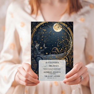 Mystical Blue Midnight Gold Celestial Wedding Invitation