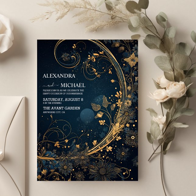Mystical Blue Midnight Gold Celestial Wedding Invitation (Creator Uploaded)
