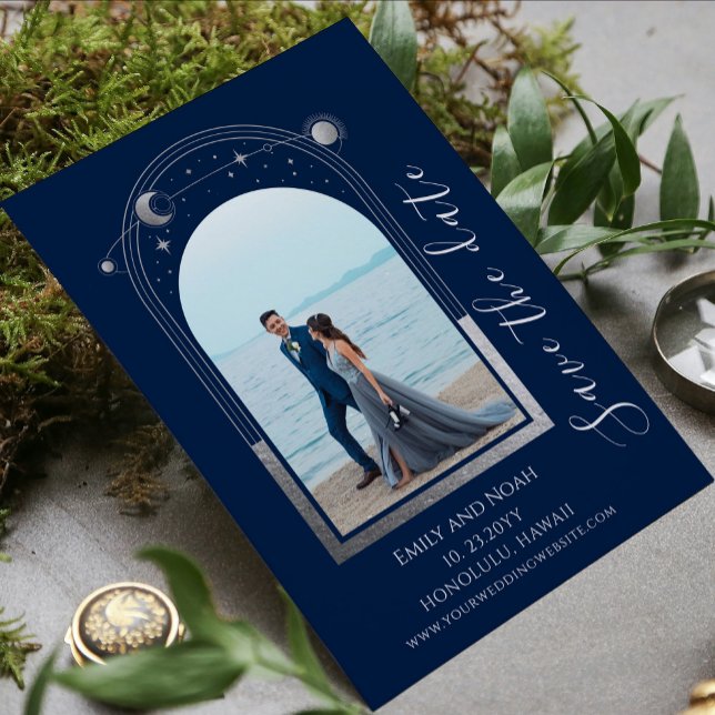 Mystical Blue Silver Celestial Wedding Photo Save The Date (Creator Uploaded)