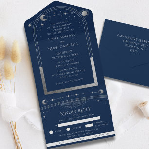 Mystical Blue Silver Star Moon Astronomy Space All In One Invitation
