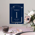 Mystical Blue Silver Sun Moon Astronomy Wedding Table Number<br><div class="desc">Mystical Blue Silver Sun Moon Astronomy Wedding Table Numbers features gold sun, moon and stars with a silver frame on a black background. Inside is your custom wedding invitation information. Personalise by editing the text in the text boxes. NOTE: Please customise with table numbers one by one and add to...</div>