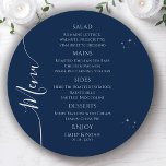 Mystical Blue Silver Sun Moon Stars Space Wedding Menu<br><div class="desc">Mystical Blue Silver Sun Moon Stars Space Wedding Menu Cards features simple silver stars on a blue background with your menu details in the centre in modern silver calligraphy script. Personalise by editing the text in the text boxes provided. Designed for you by ©Evco Studio at www.zazzle.com/store/evcostudio</div>