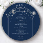 Mystical Blue Silver Sun Moon Stars Space Wedding Menu<br><div class="desc">Mystical Blue Silver Sun Moon Stars Space Wedding Menu Cards features a silver sun, moon and stars frame on a blue background with your menu details in the centre in modern silver calligraphy script. Personalise by editing the text in the text boxes provided. Designed for you by Evco Studio ©...</div>