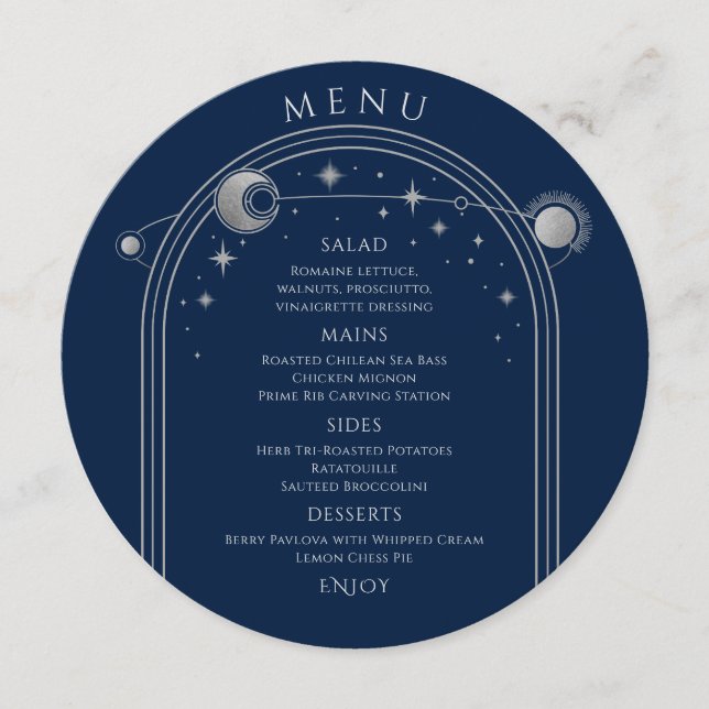 Mystical Blue Silver Sun Moon Stars Space Wedding Menu (Front)