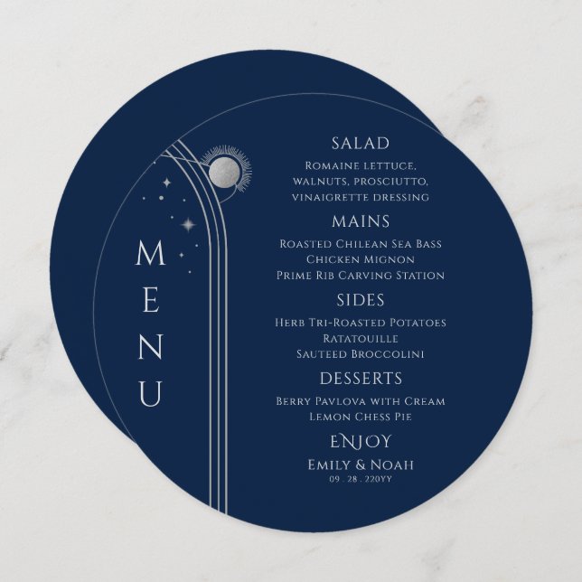 Mystical Blue Silver Sun Moon Stars Space Wedding Menu (Front/Back)